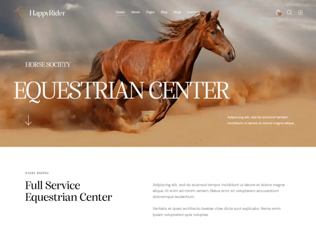 Happy Rider - ธีม WordPress โรงเรียนสอนม้าและศูนย์ขี่ม้า