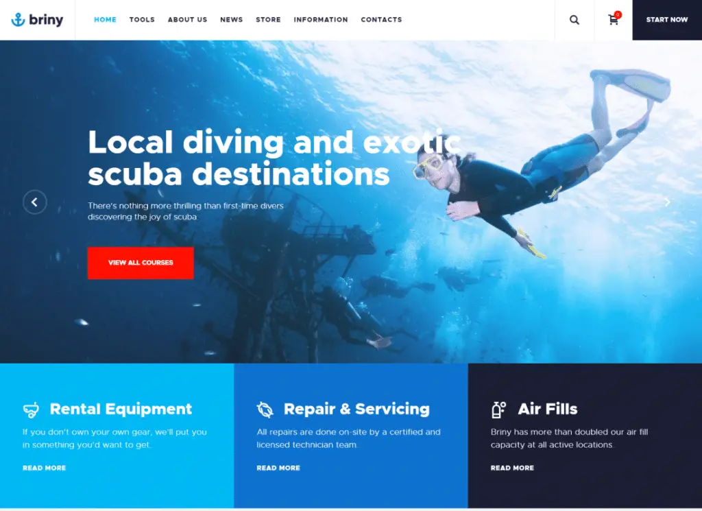 Briny - ธีม WordPress โรงเรียนสอนดำน้ำและกีฬาทางน้ำ
