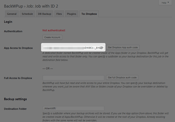BackWPup - Cod de autentificare Dropbox