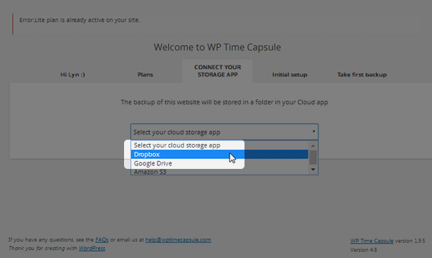 WP Time Capsule - Alegeți Dropbox