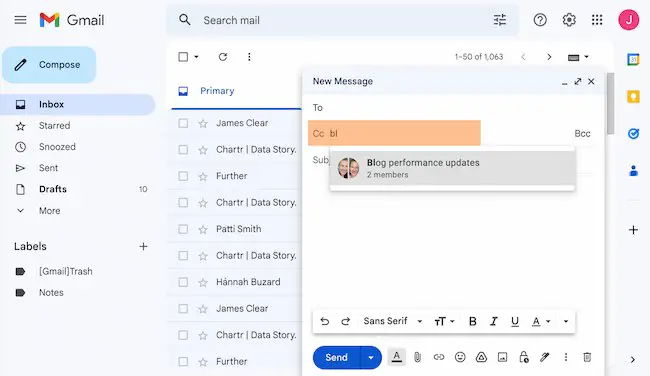 So erstellen Sie eine Gruppen-E-Mail in einem Google Mail-Beispiel: Abschnitt „An“, „BCC“ oder „CC“.