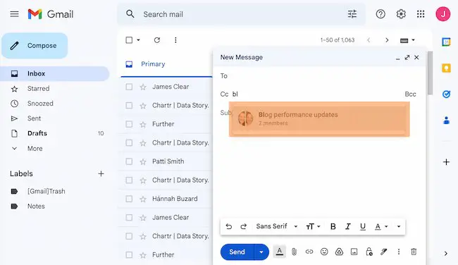 Beispiel zum Erstellen einer Gruppen-E-Mail in Gmail: Gruppennamen auswählen
