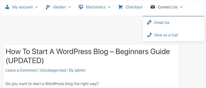 WordPress ナビゲーション メニューの画像アイコンの例 An example of image icons in a WordPress navigation menu