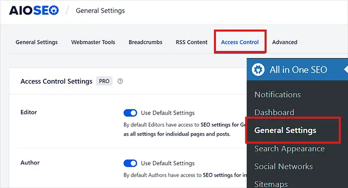 在AIOSEO的通用設置頁麵點擊訪問控制標籤 Click the Access Control tab on the General Settings page in AIOSEO