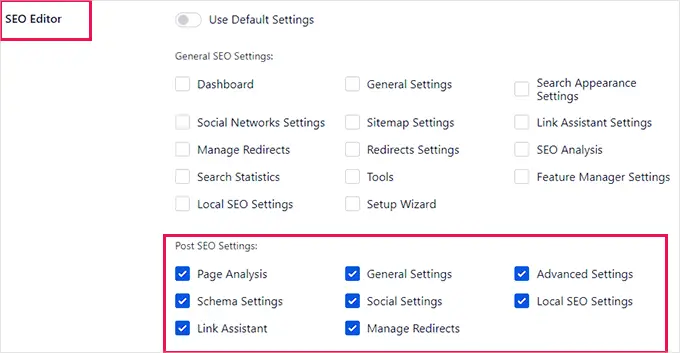 SEO Editor 用戶角色的默認設置 Default settings for SEO Editor user role