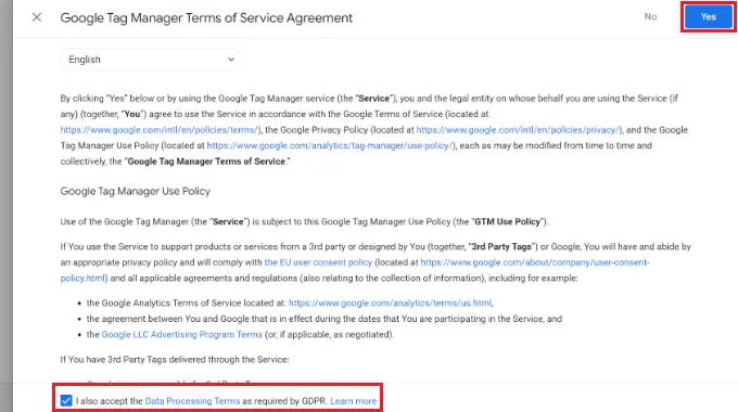ยอมรับเงื่อนไขข้อตกลงของเครื่องจัดการแท็ก Accept tag manager terms of agreement