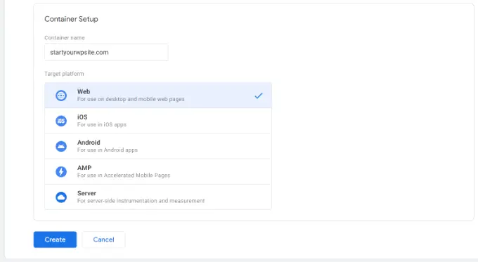 การสร้างคอนเทนเนอร์ Enter container name and select platform