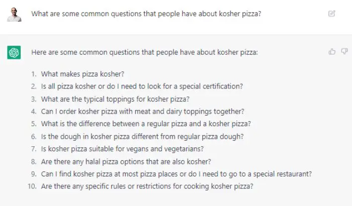 Kaşer pizzayla ilgili sorular soran ChatGPT yanıtı.