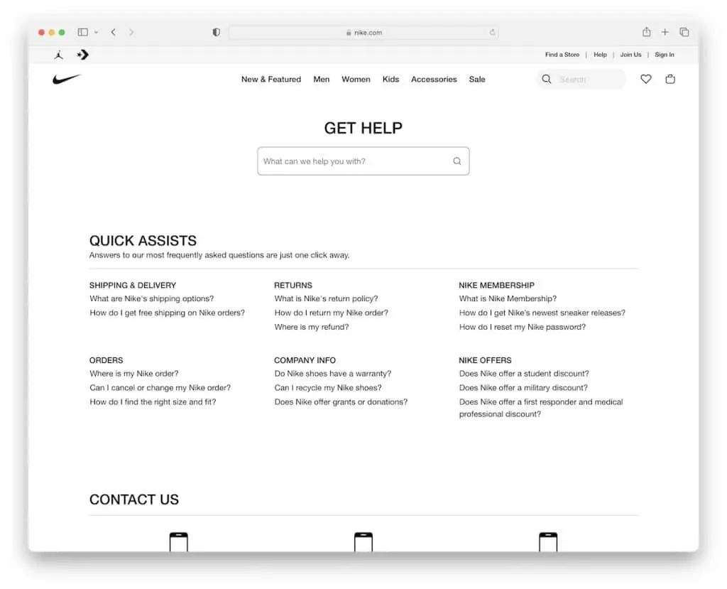 Esempio di pagina del servizio clienti nike