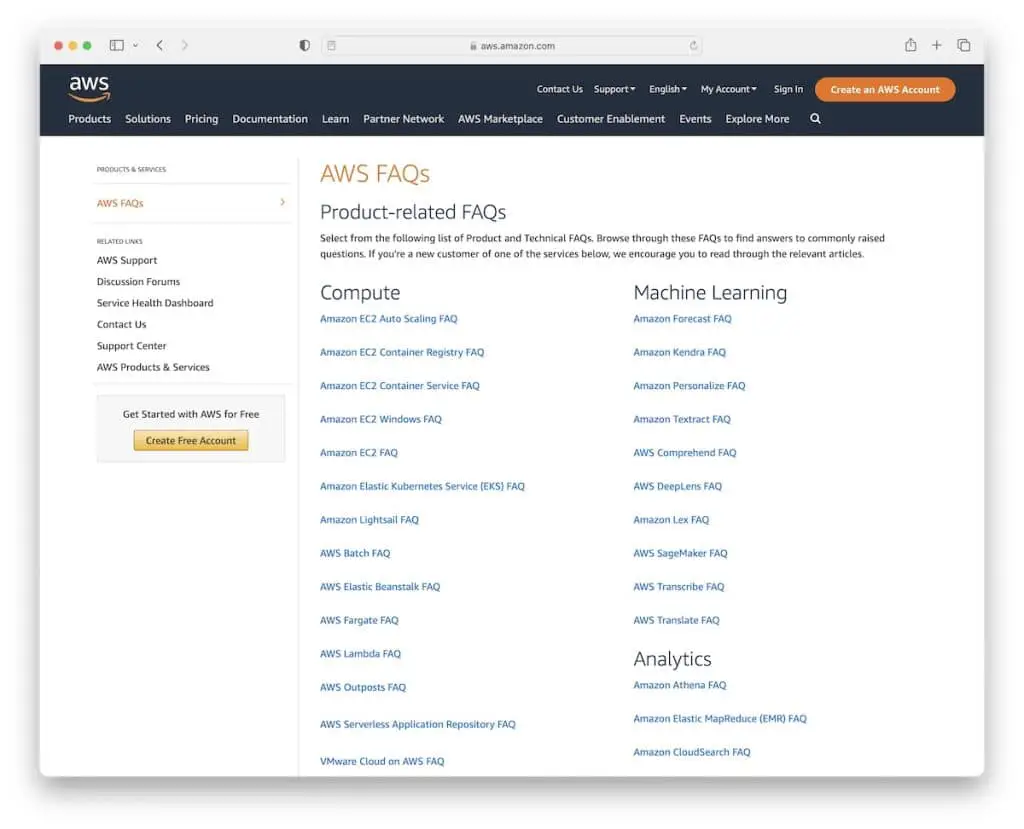 esempio di pagina delle domande frequenti di aws