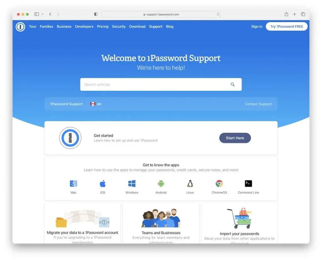 Esempio di pagina di supporto 1password