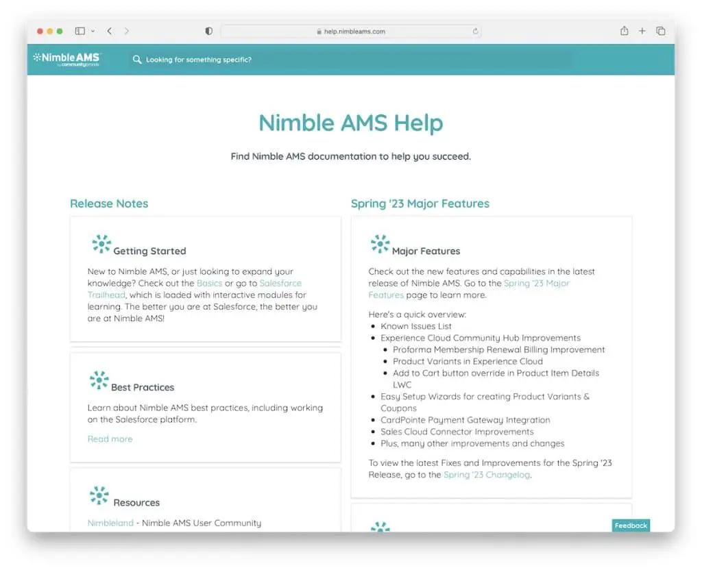 esempio di pagina di aiuto di nimble ams