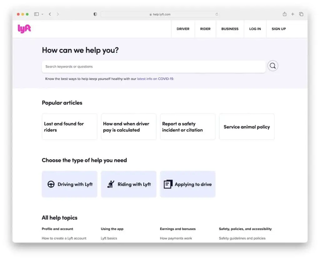esempio di pagina della guida di lyft