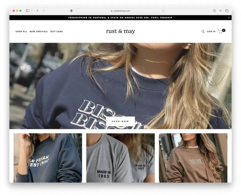 esempio di e-commerce di rust e may squarespace