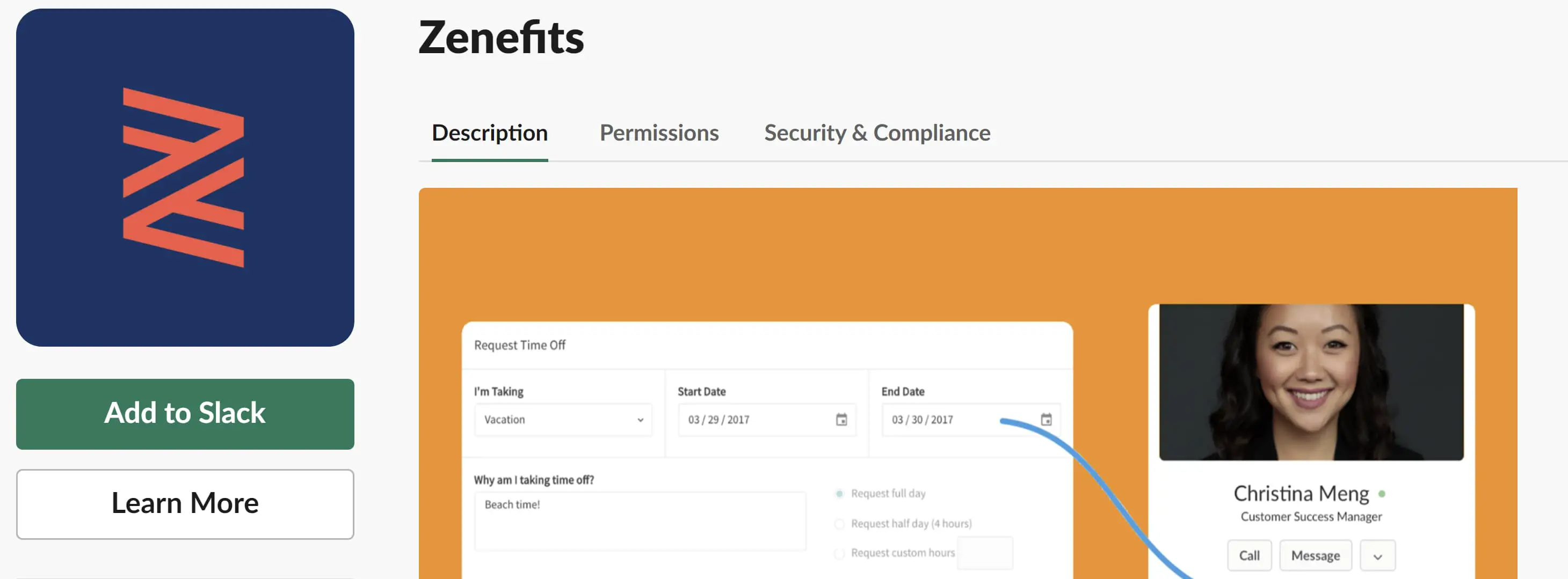 لقطة شاشة لـ Zenefits ، روبوت لـ Slack