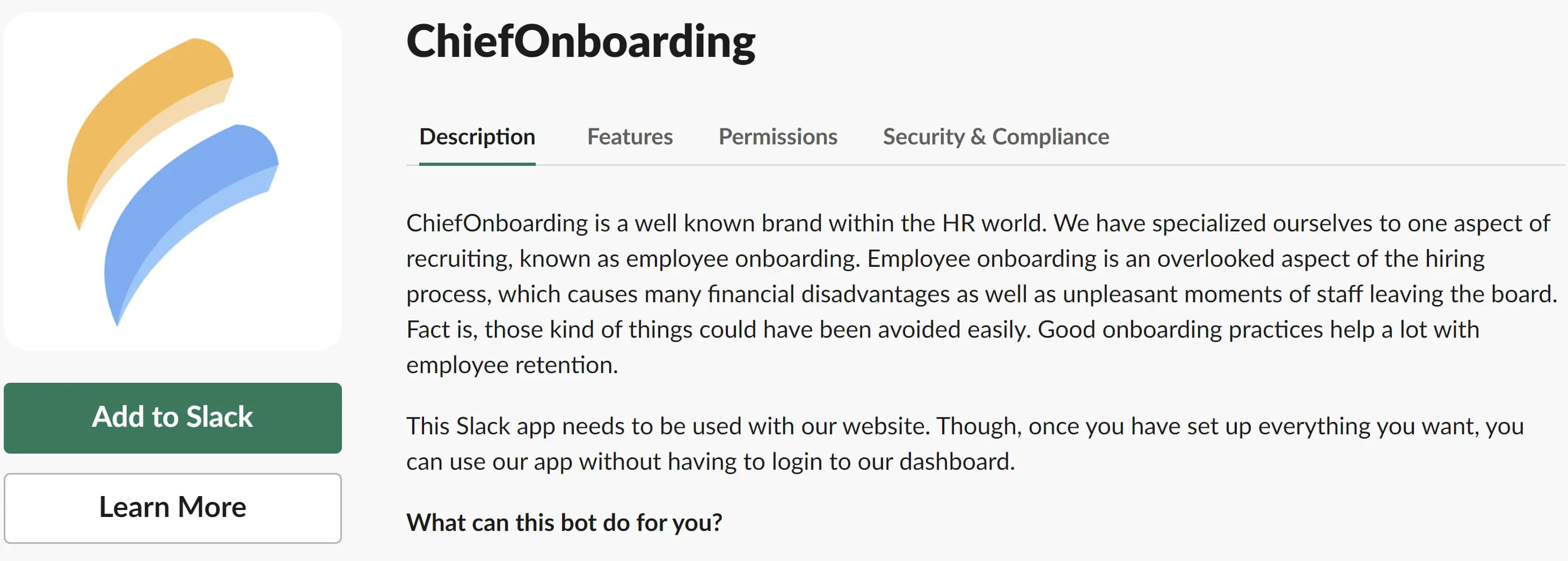 لقطة شاشة لـ ChiefOnboarding ، روبوت لـ Slack