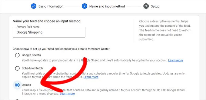 Scegli un nome e un metodo per caricare il feed Choose a name and method for uploading the feed