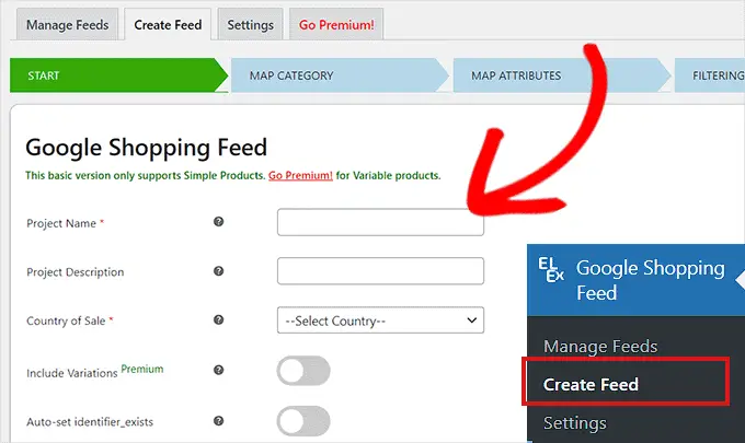 Inserisci le informazioni di base nella pagina del feed di Google Shopping Fill basic info on the Google Shopping Feed page