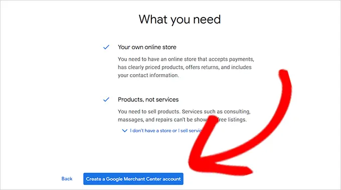 Fai clic sul pulsante Crea un account Google Merchant Click the Create Google Merchant Account button