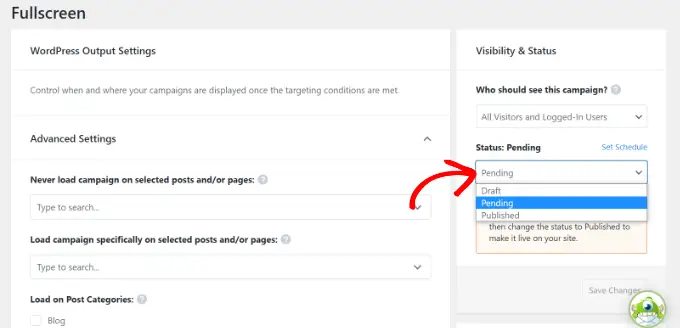 Vizualizarea campaniilor dvs. OptinMonster în tabloul de bord WordPress Change the status of welcome mat campaign