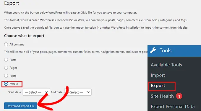 エクスポート ページでのメディア オプションの選択 Choose media on the export page