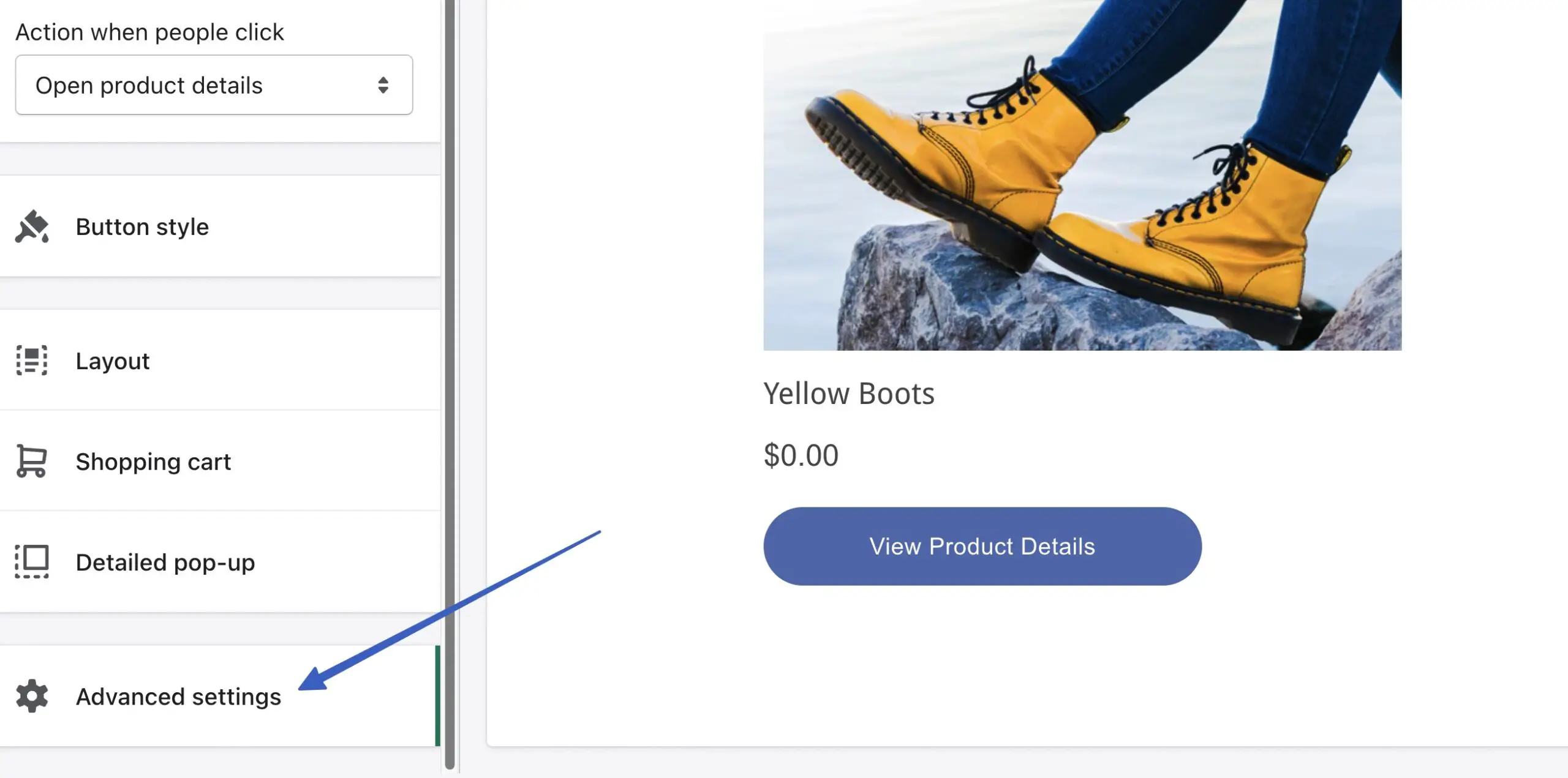 Shopify WordPress統合の詳細設定をクリックする