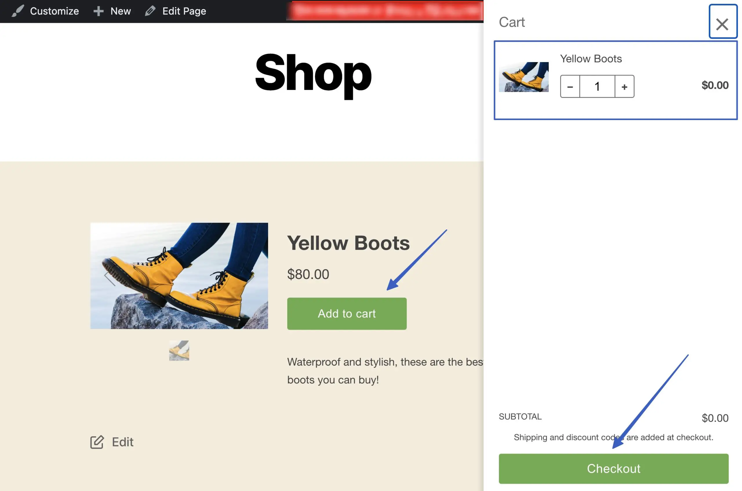 Shopify WordPress統合のチェックアウトをクリックする