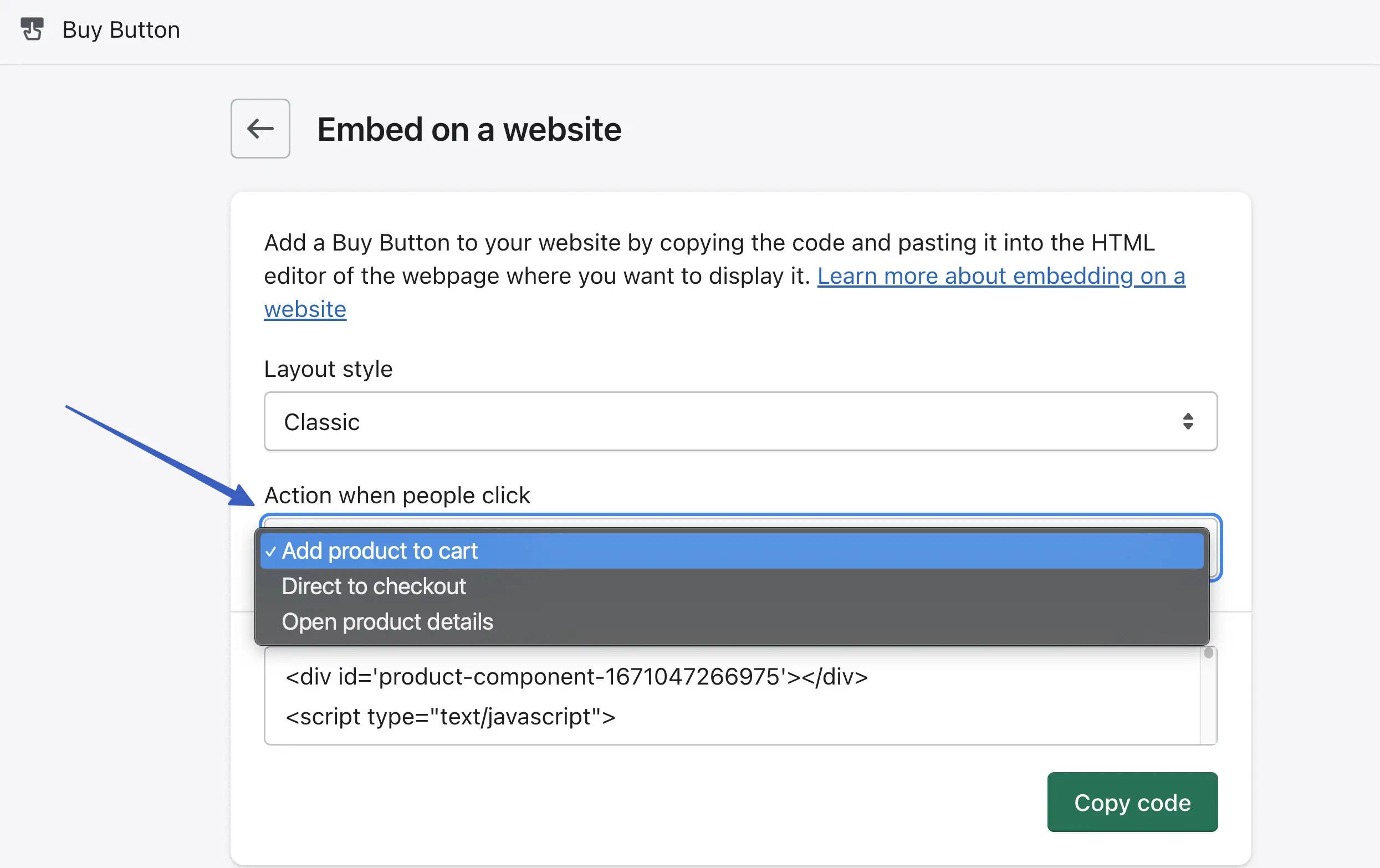 Shopify WordPress 統合のアクションを選択する