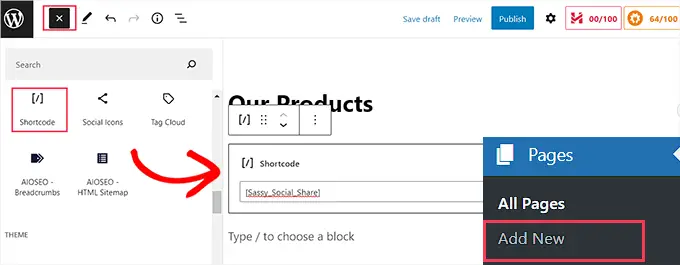 Aggiungi shortcode nell'editor di blocchi Add shortcode in the block editor