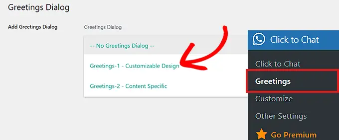 Scegli una finestra di dialogo di saluto dal menu a discesa Choose a Greeting dialog from the dropdown menu