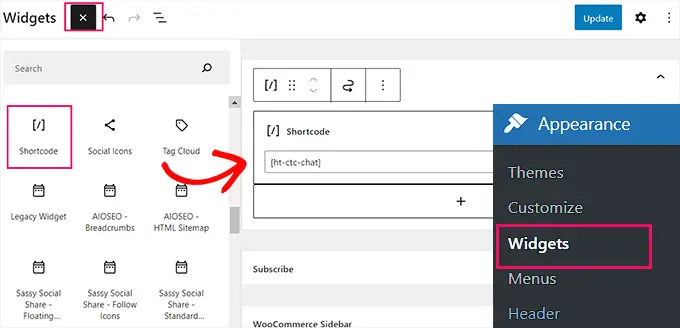 Aggiungi il blocco shortcode nella barra laterale Add the shortcode block in the sidebar