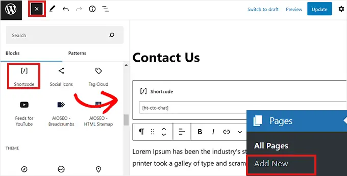 Aggiungi shortcode nell'editor di blocchi Add shortcode in the block editor
