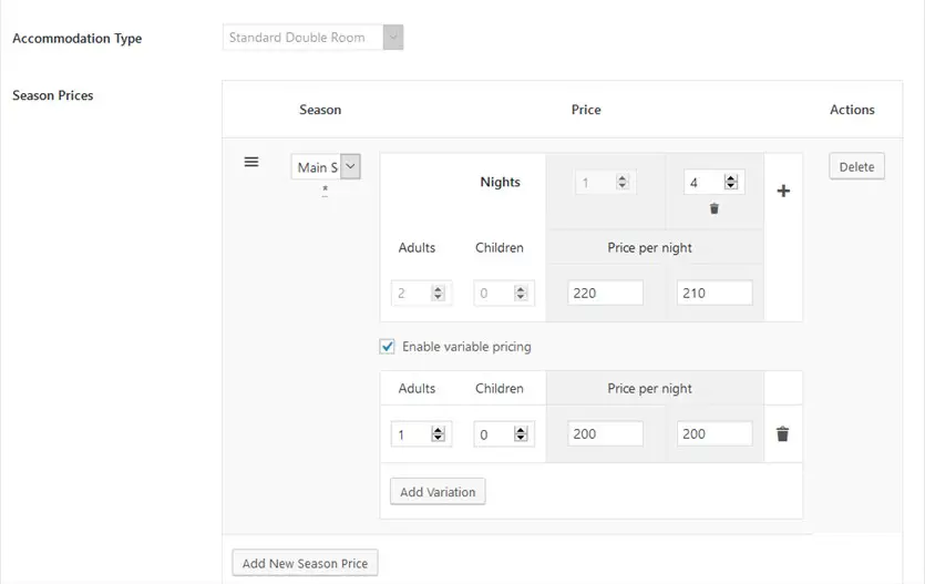 tarifs dans le plugin de réservation d'hébergement hôtelier WP