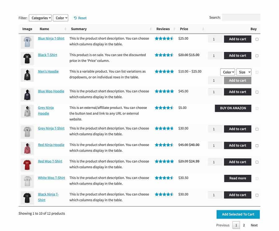 Complemento de tabla de productos de WooCommerce
