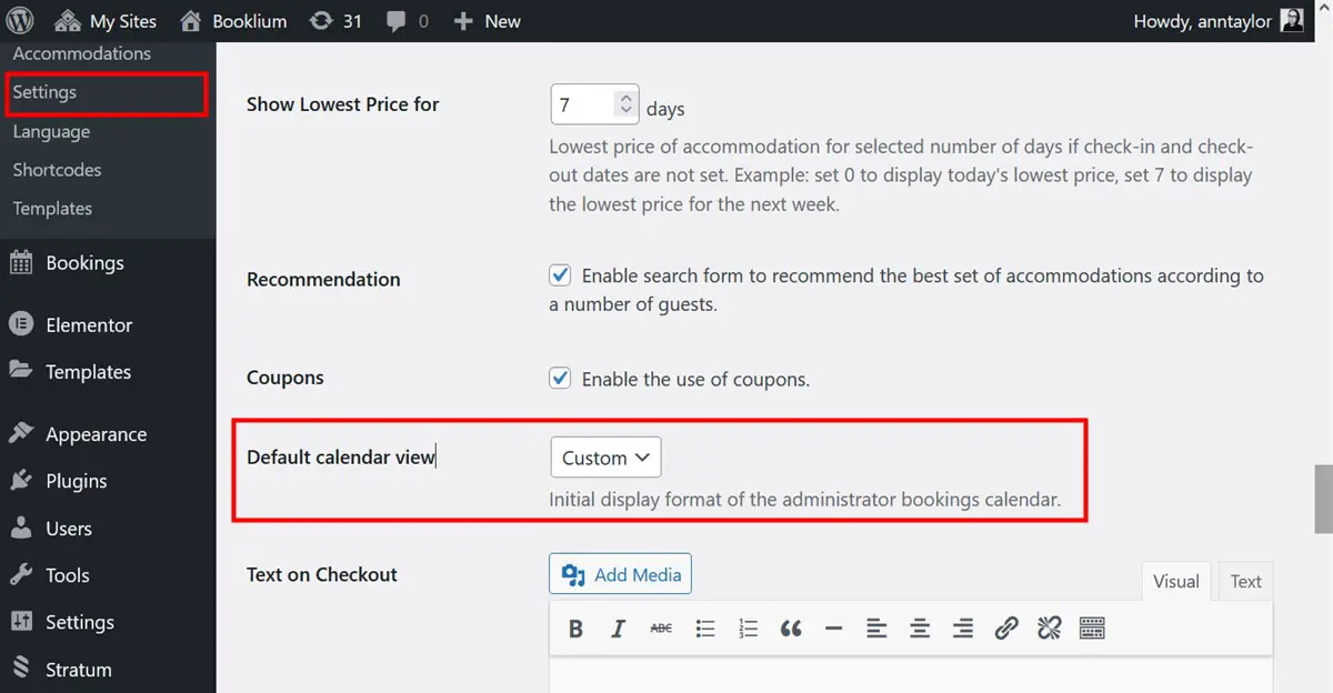 La configuración predeterminada de la vista del calendario de reservas.