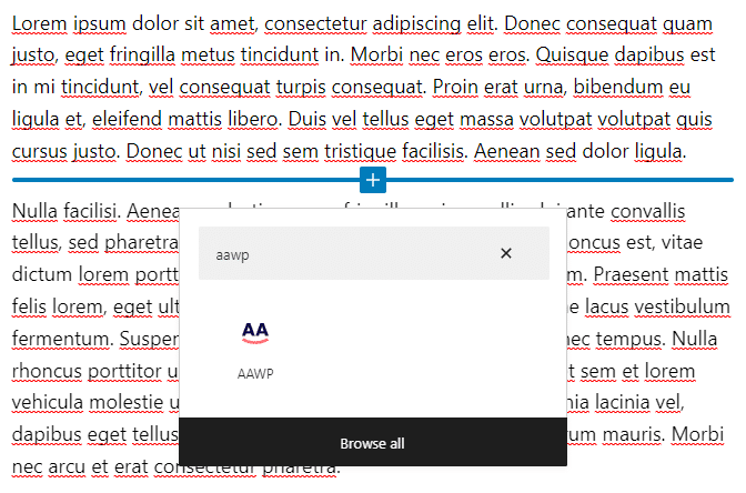 Inserte el bloque AAWP Gutenberg