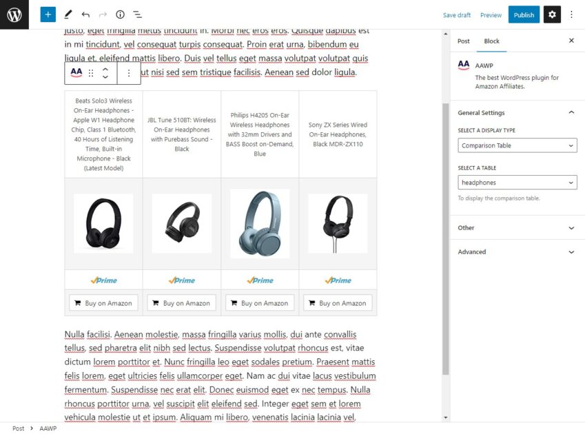 Cómo seleccionar la tabla de comparación en el bloque de Gutenberg