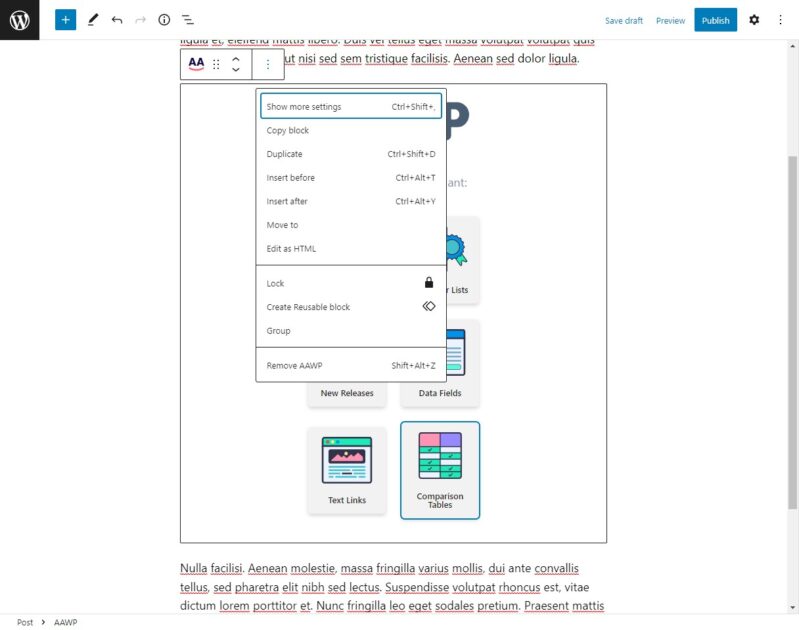 La configuración del bloque AAWP Gutenberg