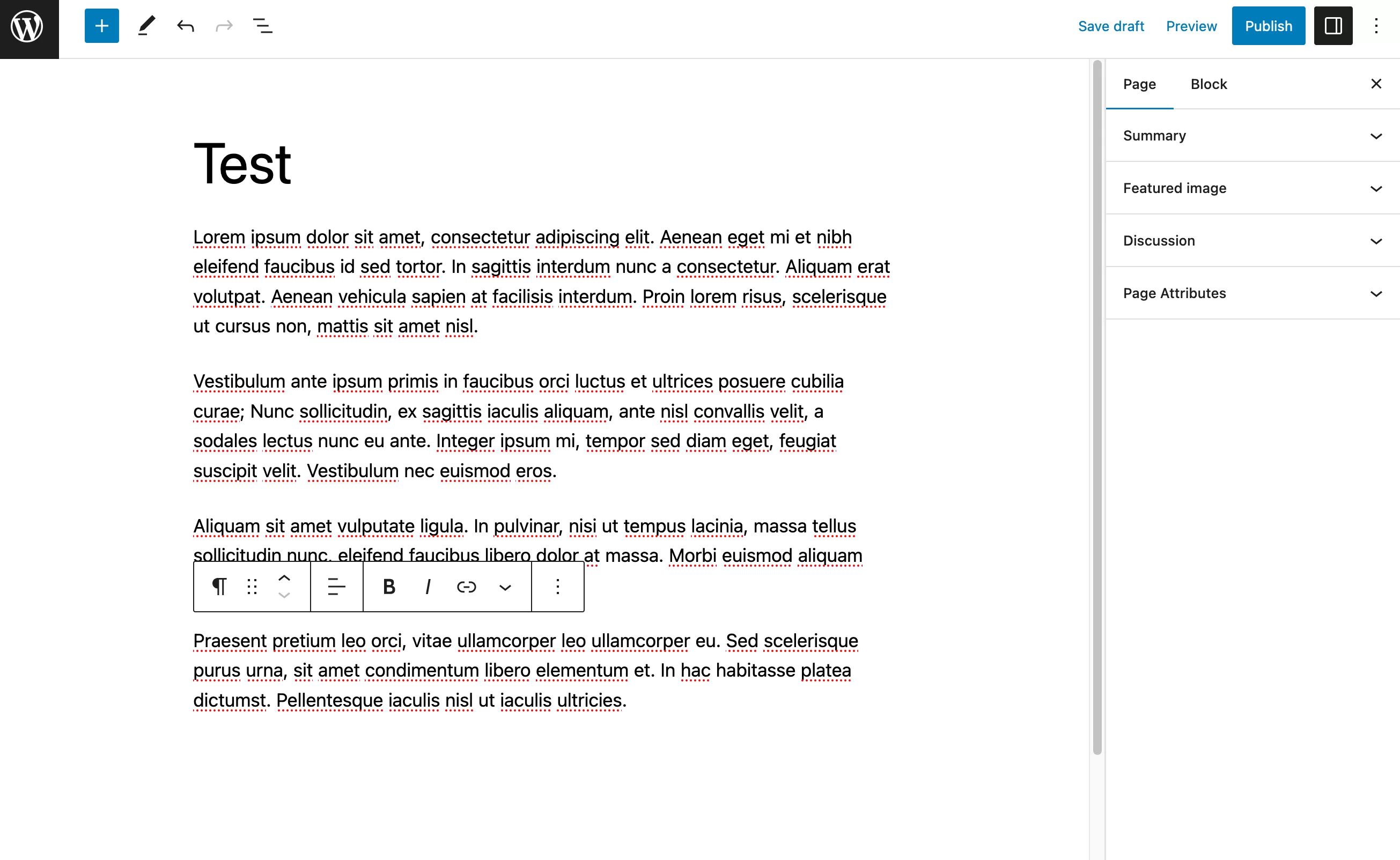 Adăugarea unei pagini de test în WordPress.