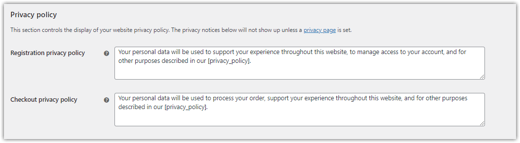 Gizlilik Politikası. WooCommerce ayarları.
