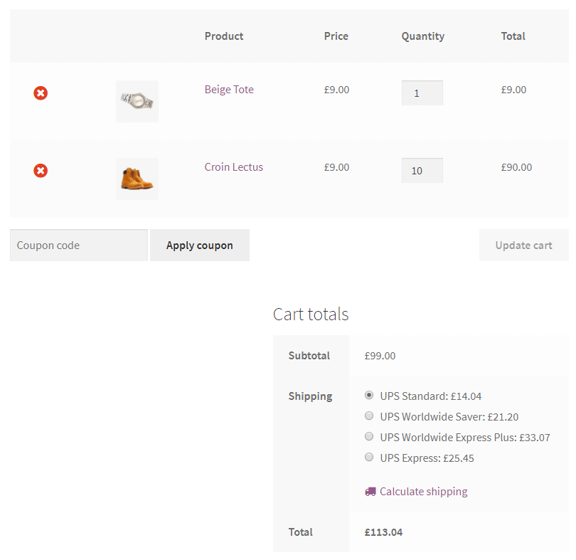 Perhitungan langsung UPS di WooCommerce - halaman keranjang (tangkapan layar)