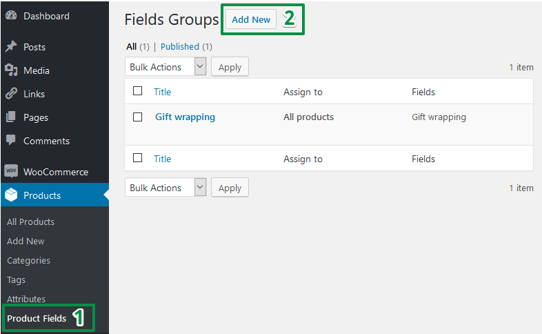 Complementos de productos de WooCommerce: agregar un nuevo grupo de campos