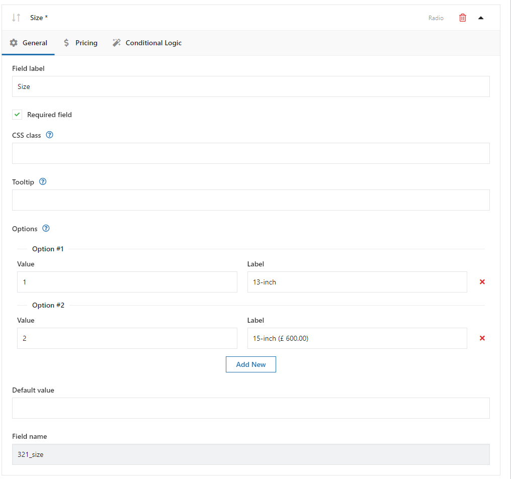 Personalizar la página del producto WooCommerce - campo de radio