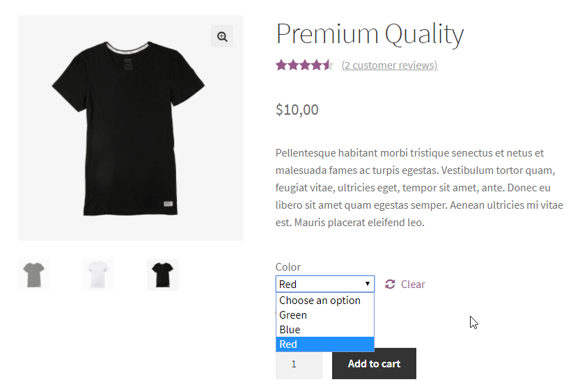 产品页面上的 WooCommerce 可变产品
