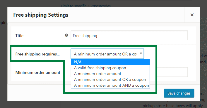 Configuración de envío gratuito de WooCommerce (captura de pantalla)