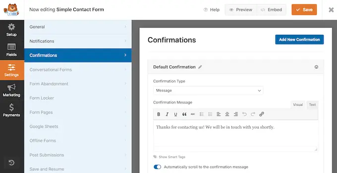 As configurações de resposta automática de e-mail do WPForms The WPForms email autoresponder settings