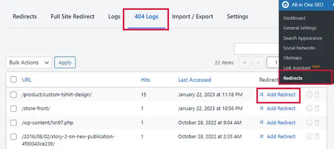 Dzienniki błędów 404 w AIOSEO 404 error logs in AIOSEO