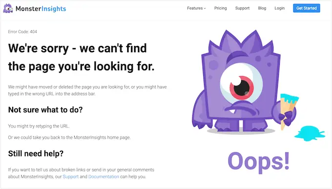 Niestandardowy projekt błędu 404 MonsterInsights The MonsterInsights custom 404 error design