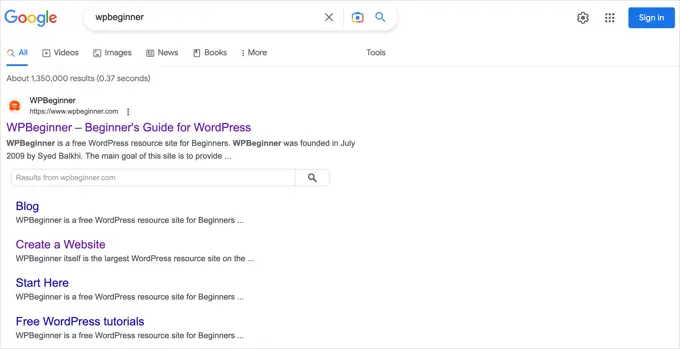 Przykład linków do podstron Google Google Sitelinks Example