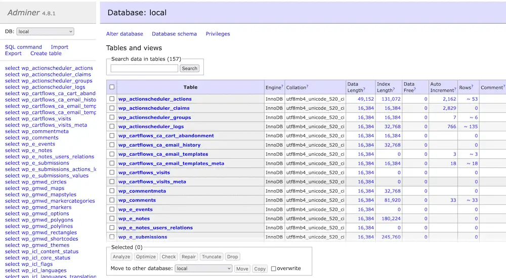 Yönetici arabiriminde bir MySQL veritabanı.